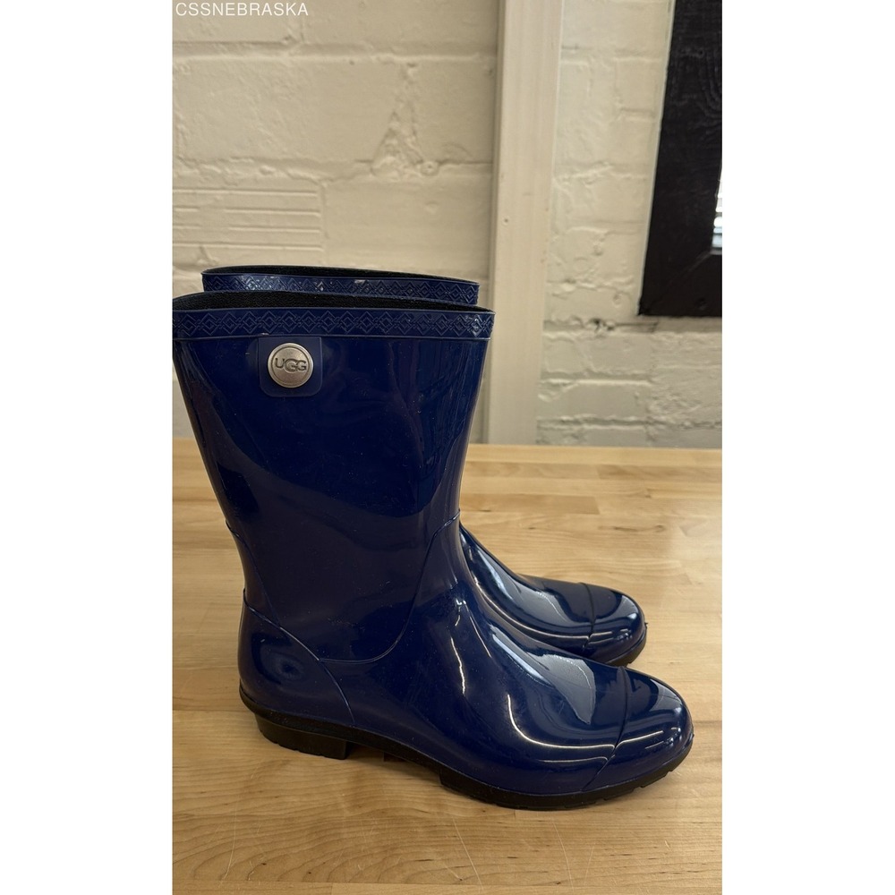 UGG Shaye Navy Blue Glossy Rubber Tall Rain Boots Women's Size 9 - Picture 2 of 7